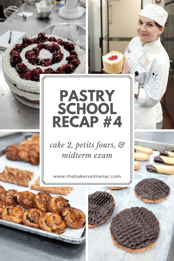 Grid that reads Pastry School Recap #4: Cake 2, Petit Fours, & Midterm Exam with various pictures of baked goods