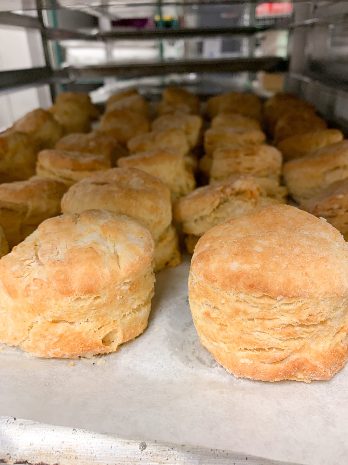 A tray of biscuits on a speed rack