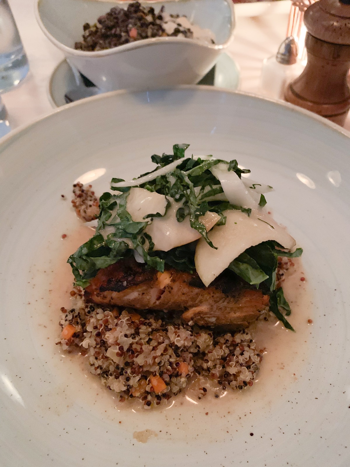 Salmon on top of quinoa with a side salad