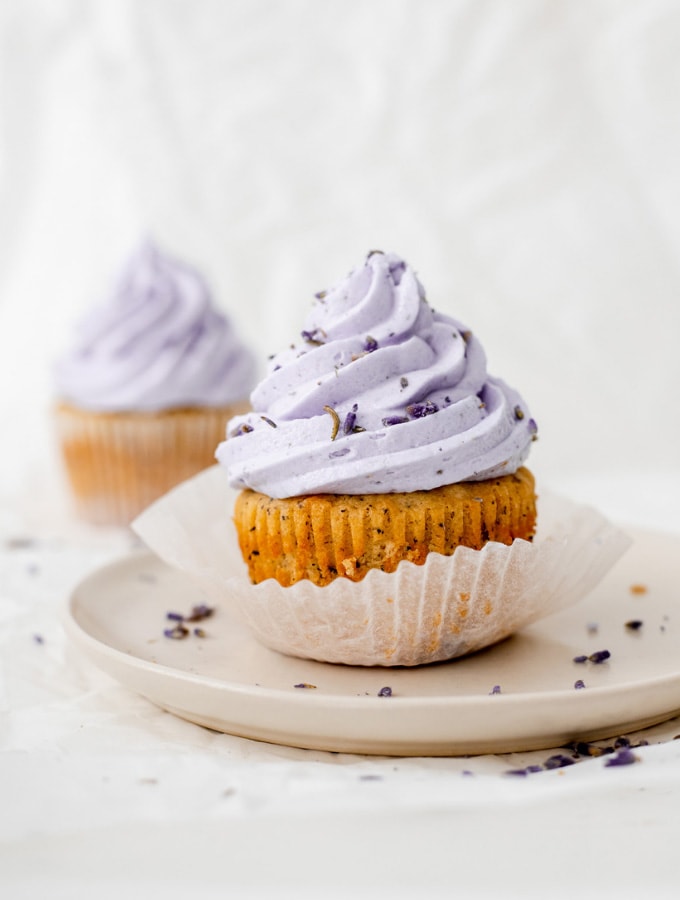 Earl grey lavender cupcake on a plate