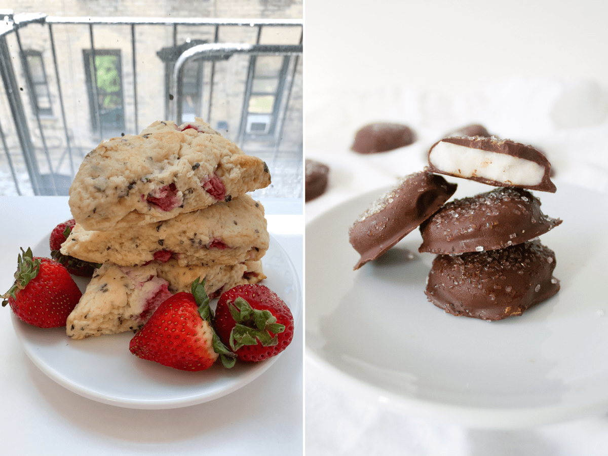 Two photos side-by-side: one of strawberry basil scones and the other of peppermint patties