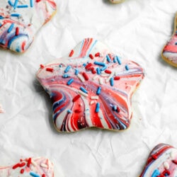 Star cookie with red, white, and blue marbled design