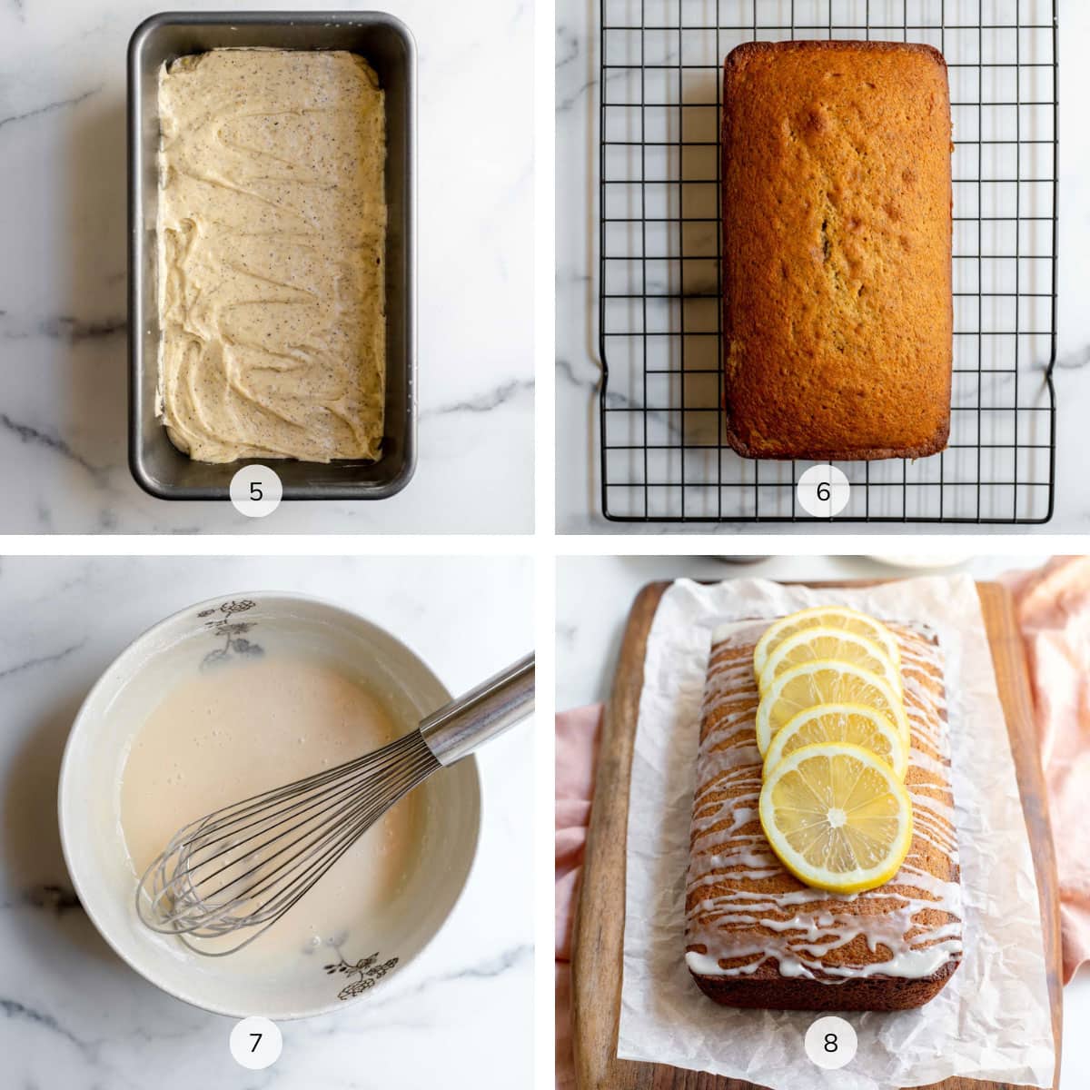 Photos showing how to make earl grey and lemon loaf cake labeled 5, 6, 7, 8