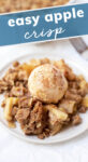 Apple crisp with ice cream with text 'Easy Apple Crisp' written in blue