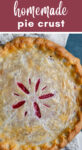 Overhead shot of a cranberry pie resting on a napkin with text that reads 'Homemade Pie Crust'