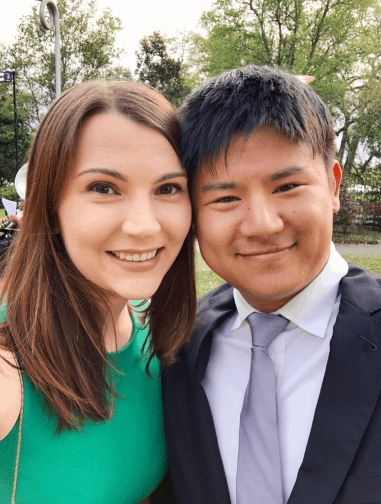 Kyle and Leslie Jeon at a wedding in New Orleans