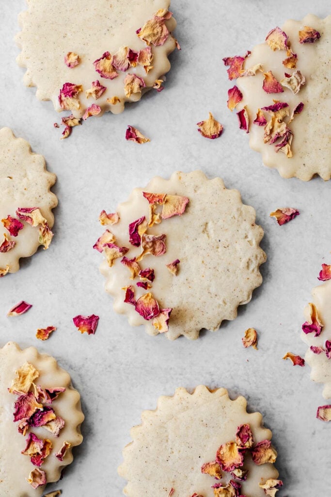 Overhead shot of rose cardamom shortbread cookies