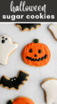 Pumpkin, bat, and ghost cookies decorated with royal icing with text that reads 'Halloween sugar cookies'