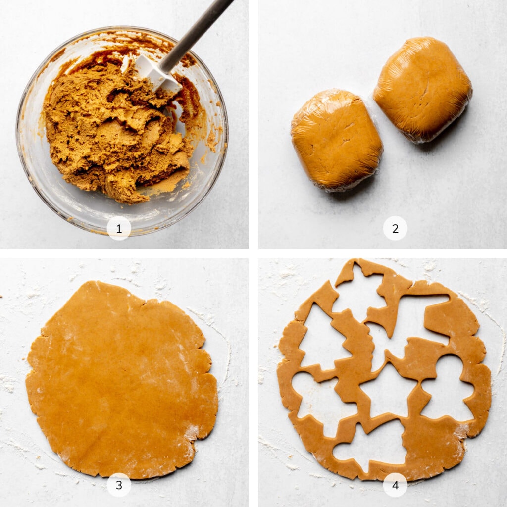 Four photos of gingerbread cookie making process labeled 1, 2, 3, 4