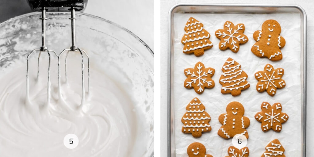 Two photos of gingerbread cookie making process labeled 5, 6