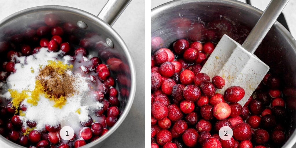 Two images side by side of cranberry sauce cooking in a pot, one labeled 1 and one labeled 2