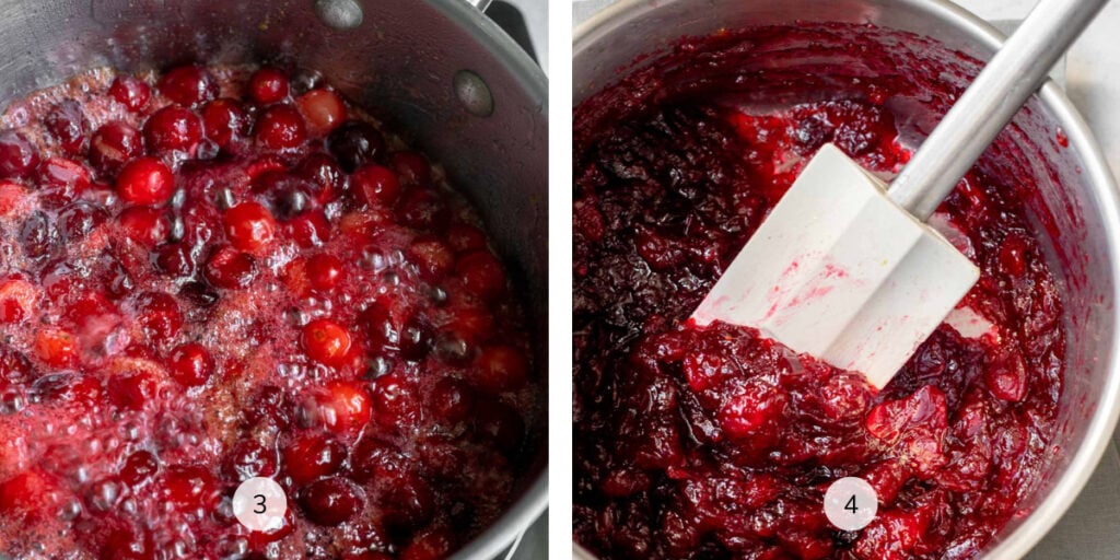 Two images side by side of cranberry sauce cooking in a pot, one labeled 3 and one labeled 4