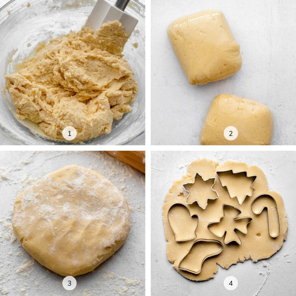 Step-by-step photos of sugar cookies being made, labeled 1, 2, 3, 4