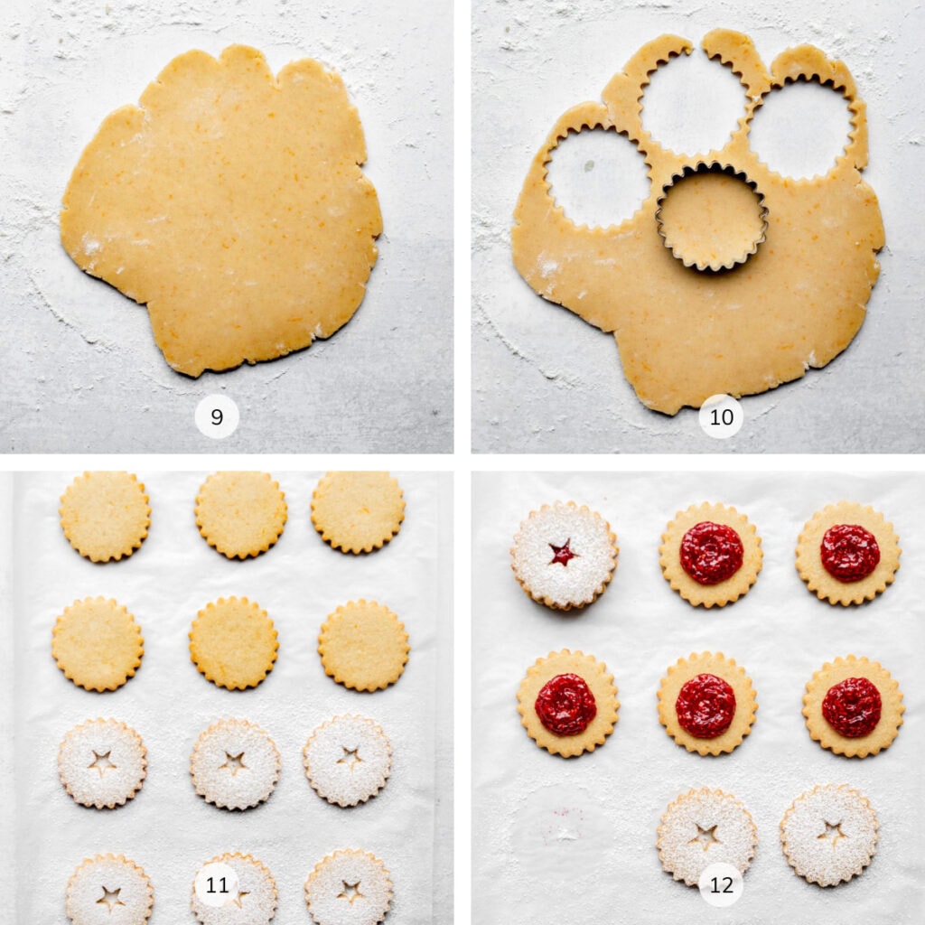 Step-by-step photos of Raspberry Linzer Cookies being made labeled 9, 10, 11, 12