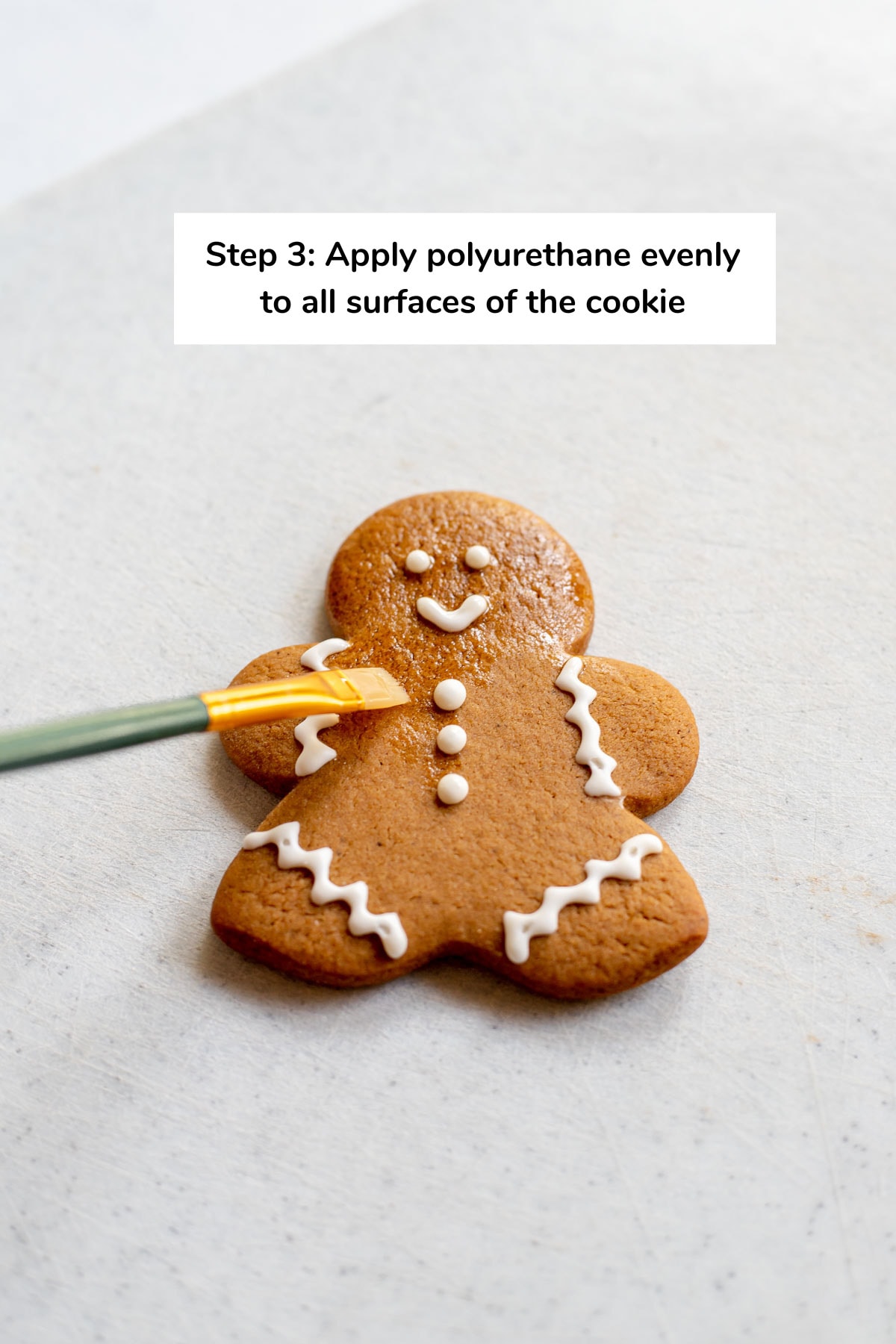 Photo of paint brush and gingerbread cookie that reads 'Step 3: Apply polyurethane evenly to all surfaces of the cookie'
