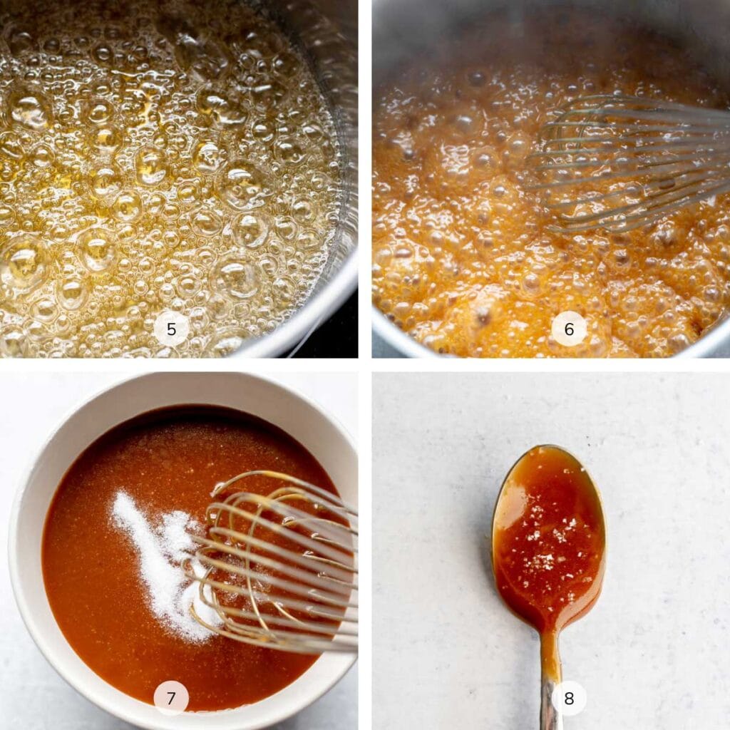 Step-by-step photos for making salted caramel sauce labeled 5, 6, 7, 8