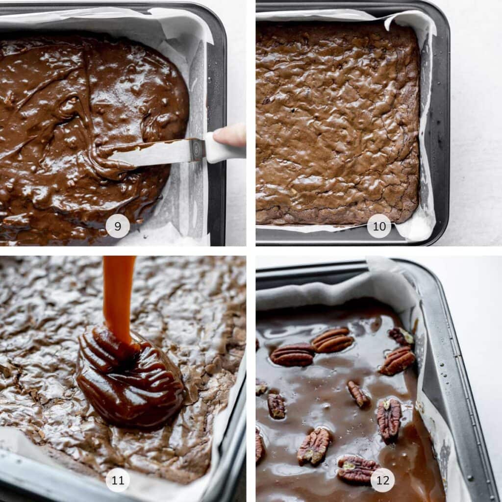 Step-by-step photos of making salted caramel turtle brownies labeled 9, 10, 11, 12 