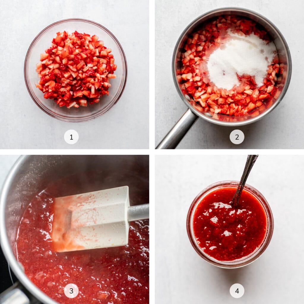 Steps of making strawberry jam labeled 1, 2, 3, 4