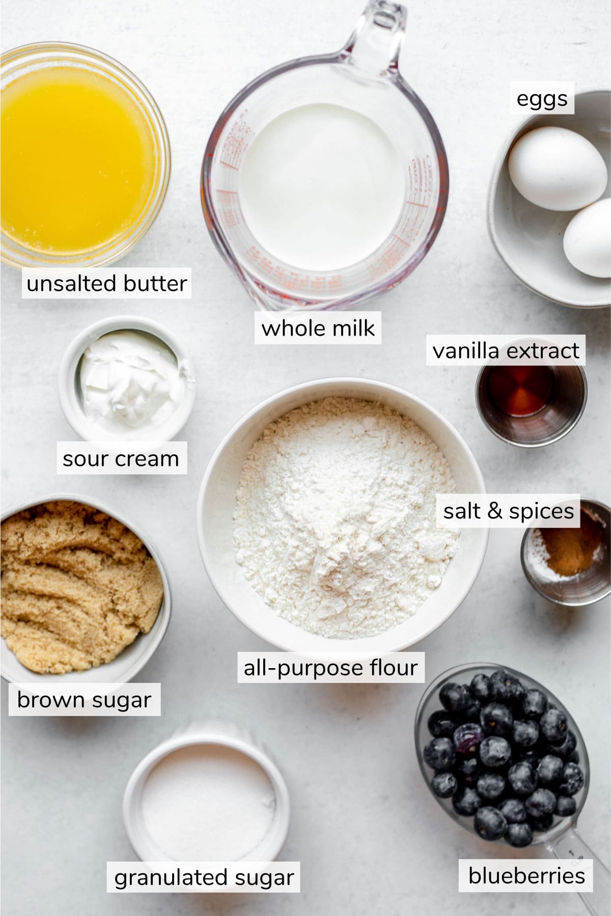 Labeled ingredients needed to make the muffin portion of the bakery style blueberry muffins