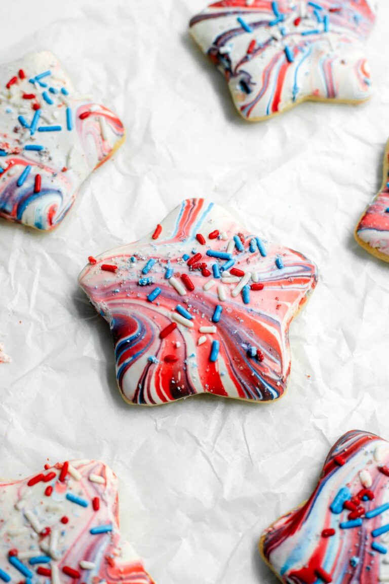 Red, white, and blue marbled star cookies