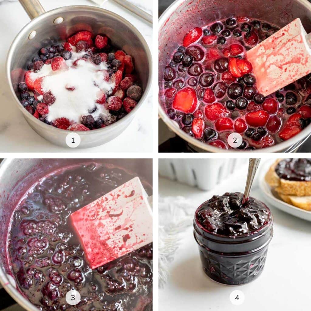 Four photos showing how to make cherry berry jam labeled 1, 2, 3, 4