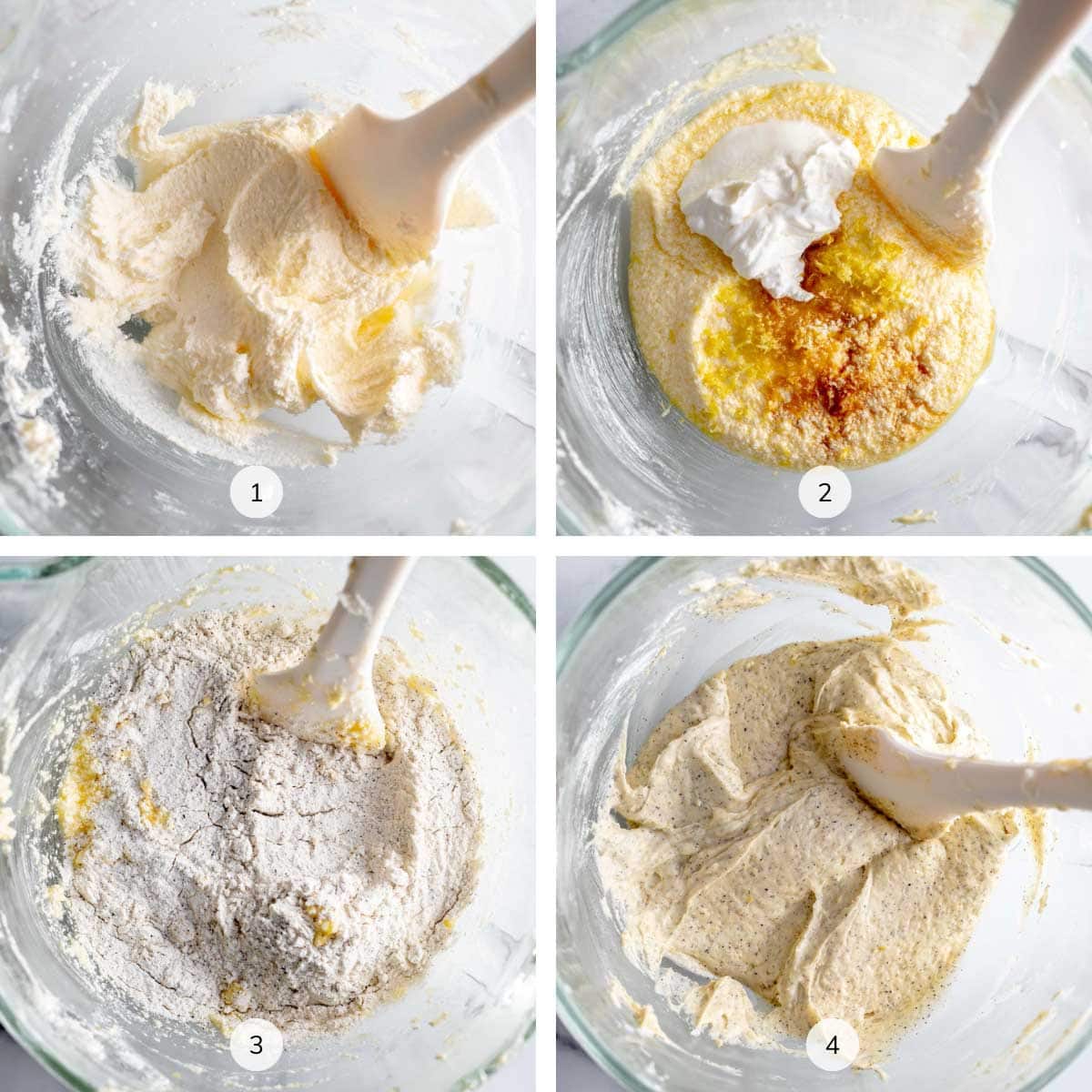 Photos showing how to make earl grey and lemon loaf cake labeled 1, 2, 3, 4 