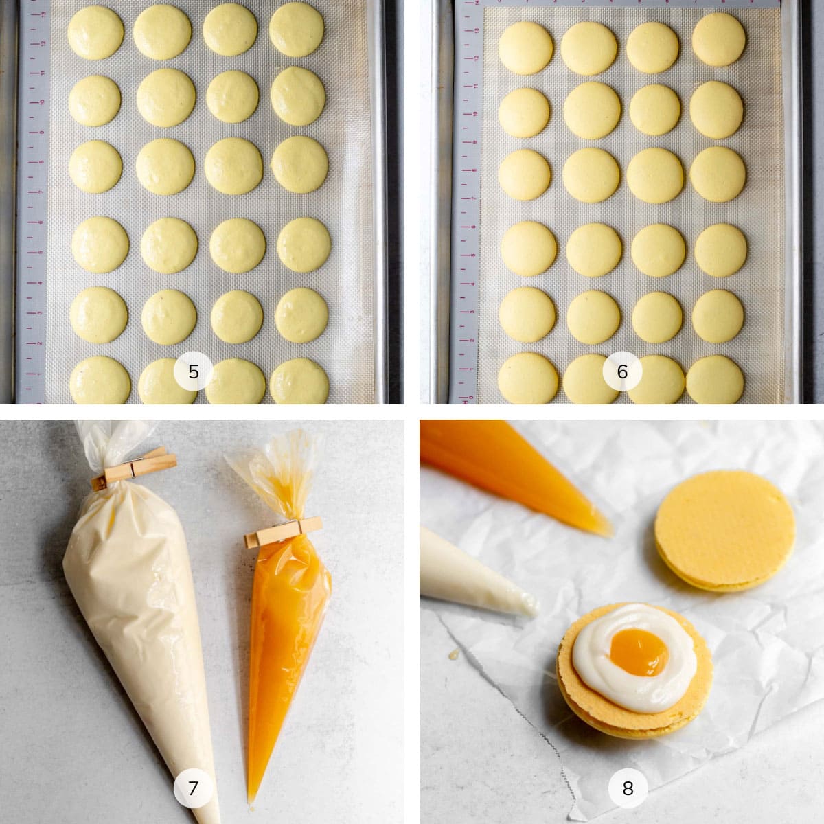 Photos showing the steps of making lemon macarons labeled 5, 6, 7, 8