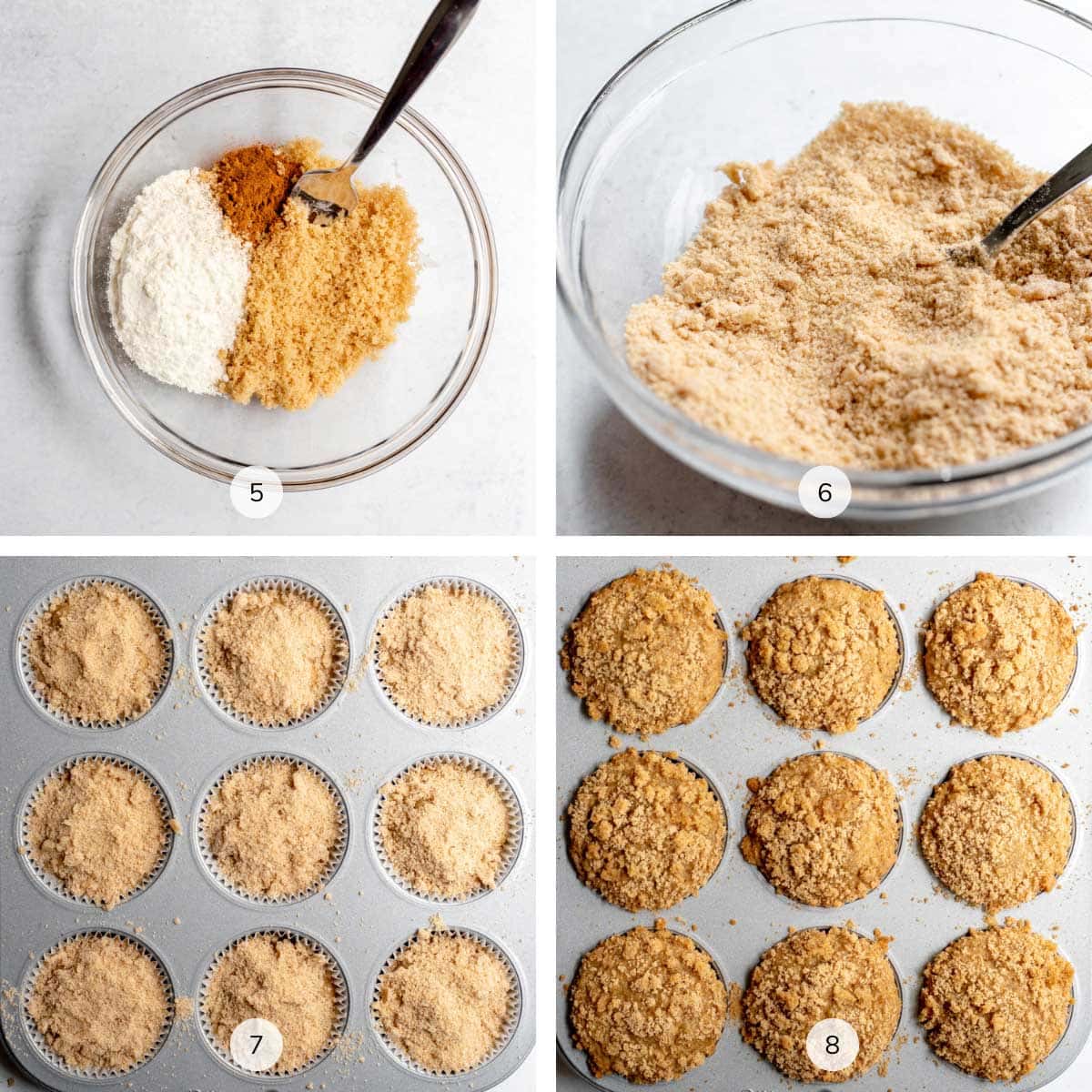 Steps of making banana crumb muffins labeled 5, 6, 7, 8