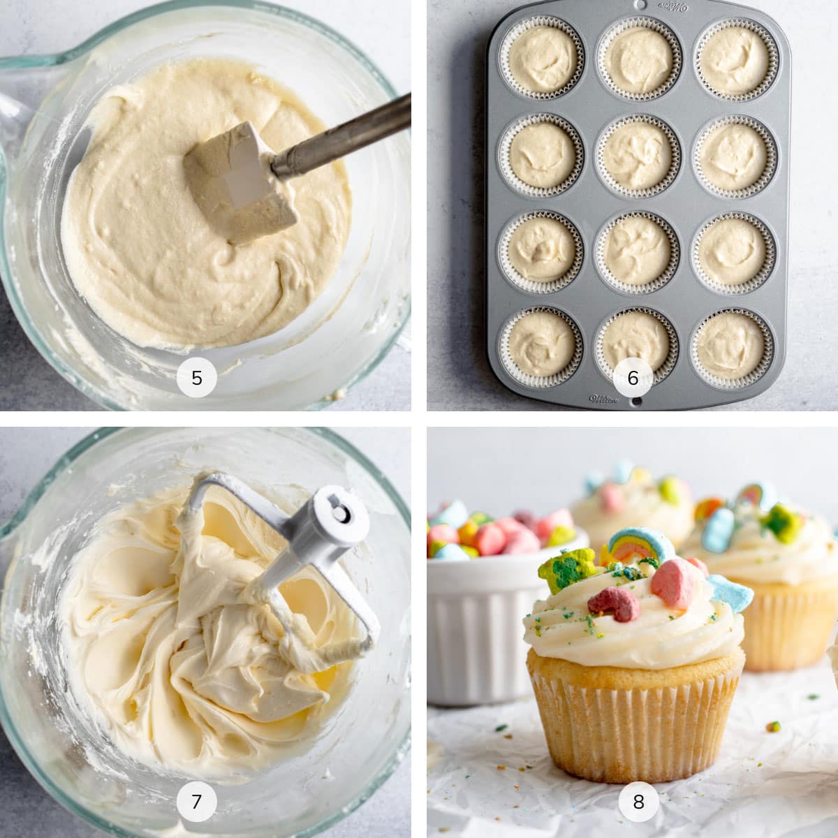 Photos showing the steps of making Lucky Charms cupcakes labeled 5, 6, 7, 8
