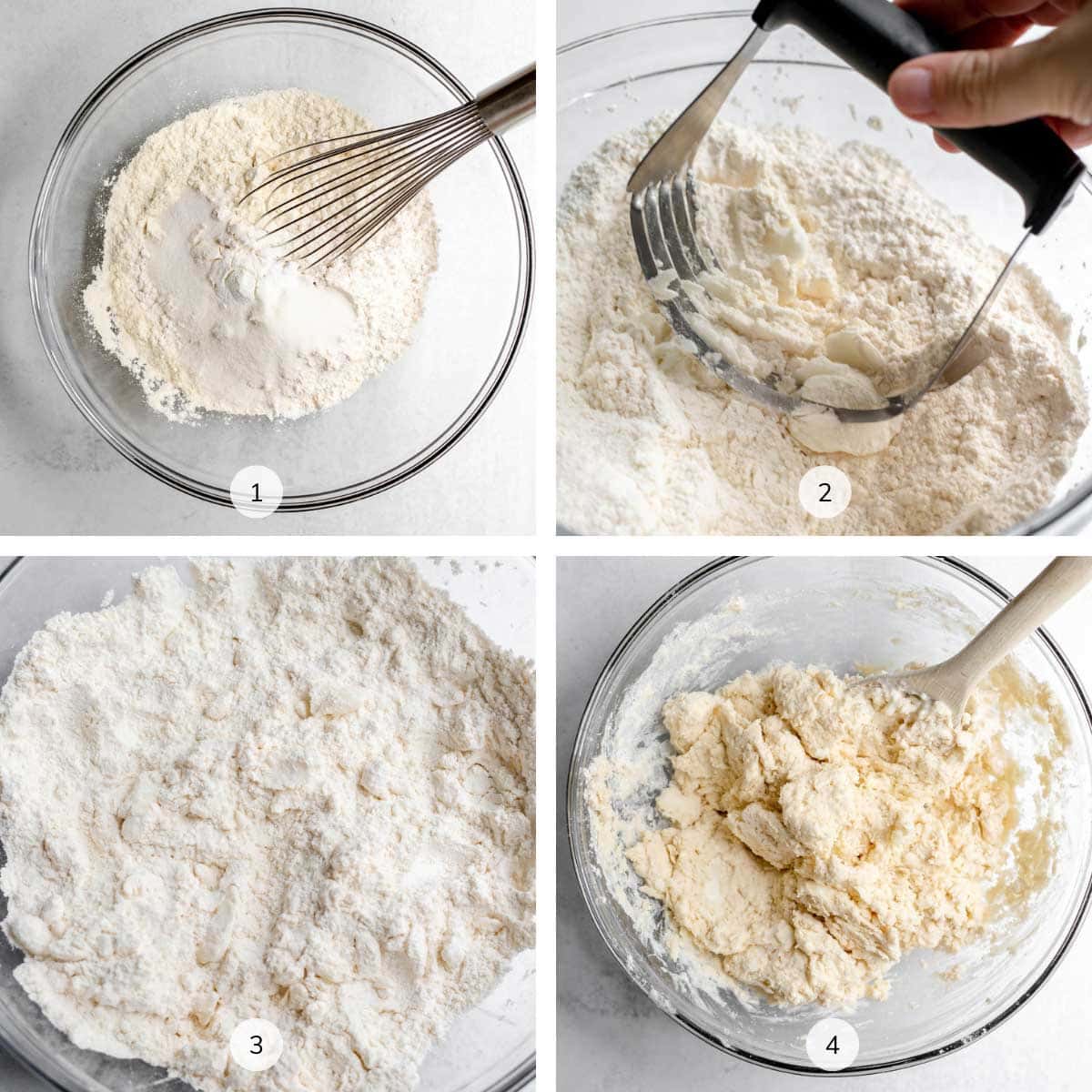 Four images showing how to make buttermilk biscuits labeled 1, 2, 3, 4