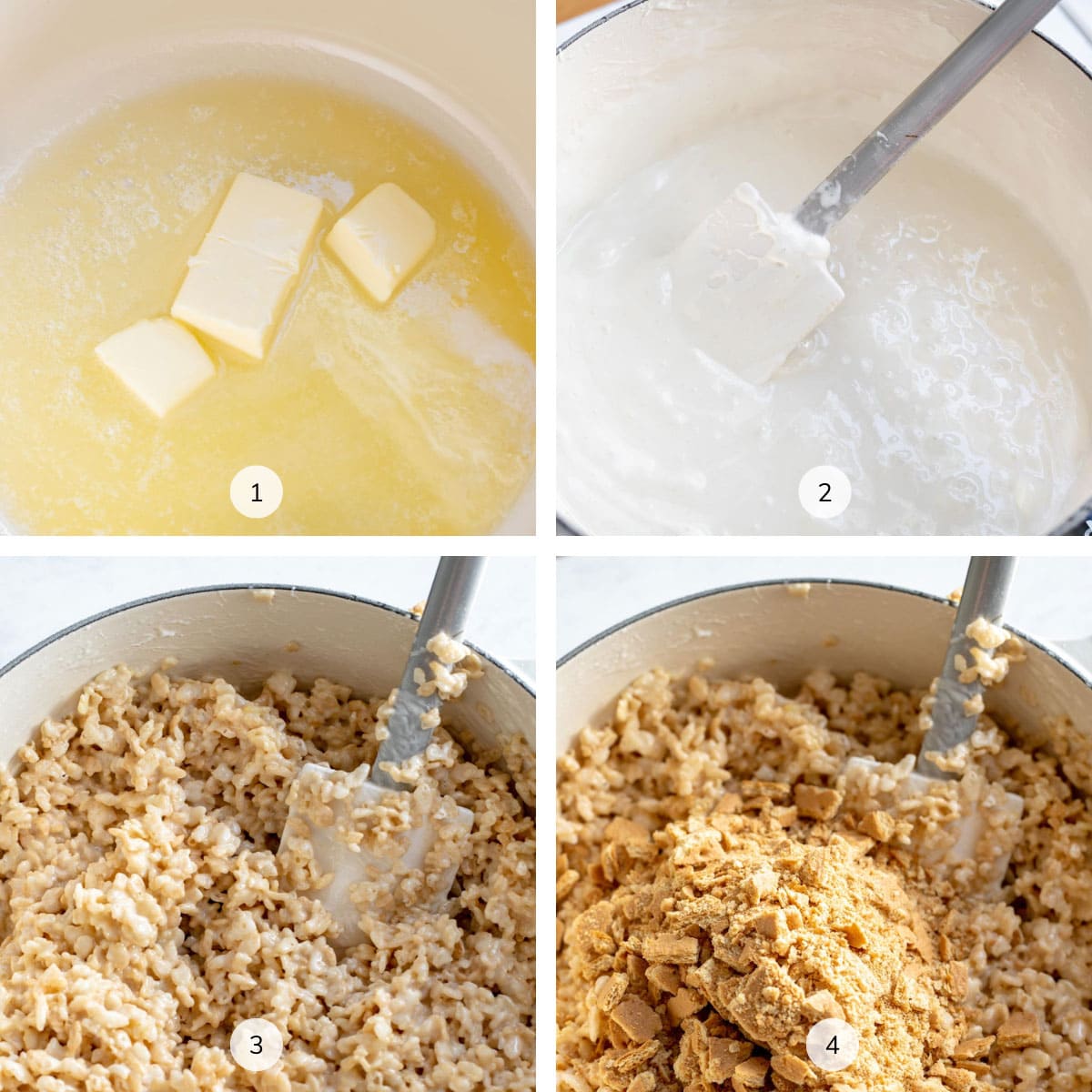 Four photos showing how to make s'mores rice krispie treats labeled 1, 2, 3, 4