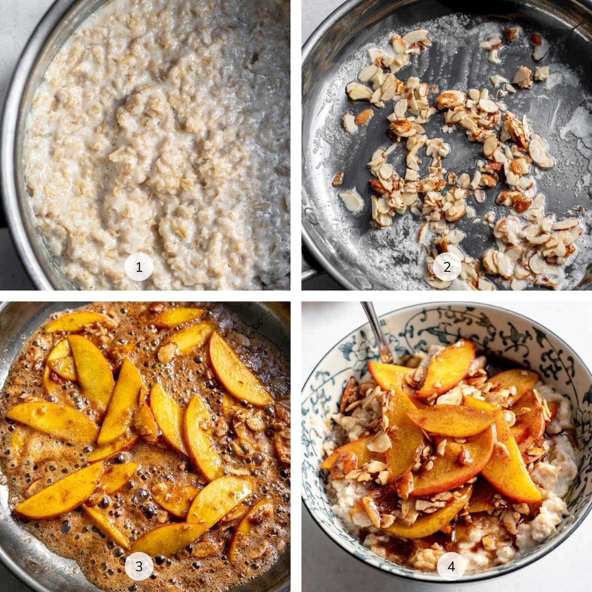 Four images showing how to make peach oatmeal labeled 1, 2, 3, 4