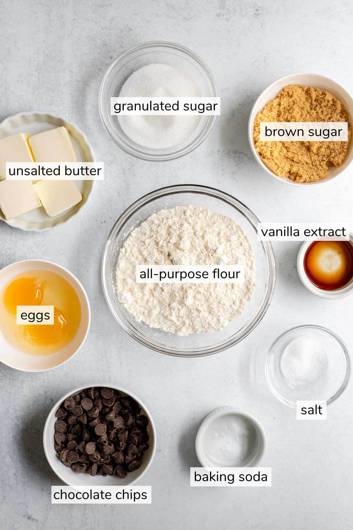 Labeled ingredients needed to make brown butter chocolate chip cookies