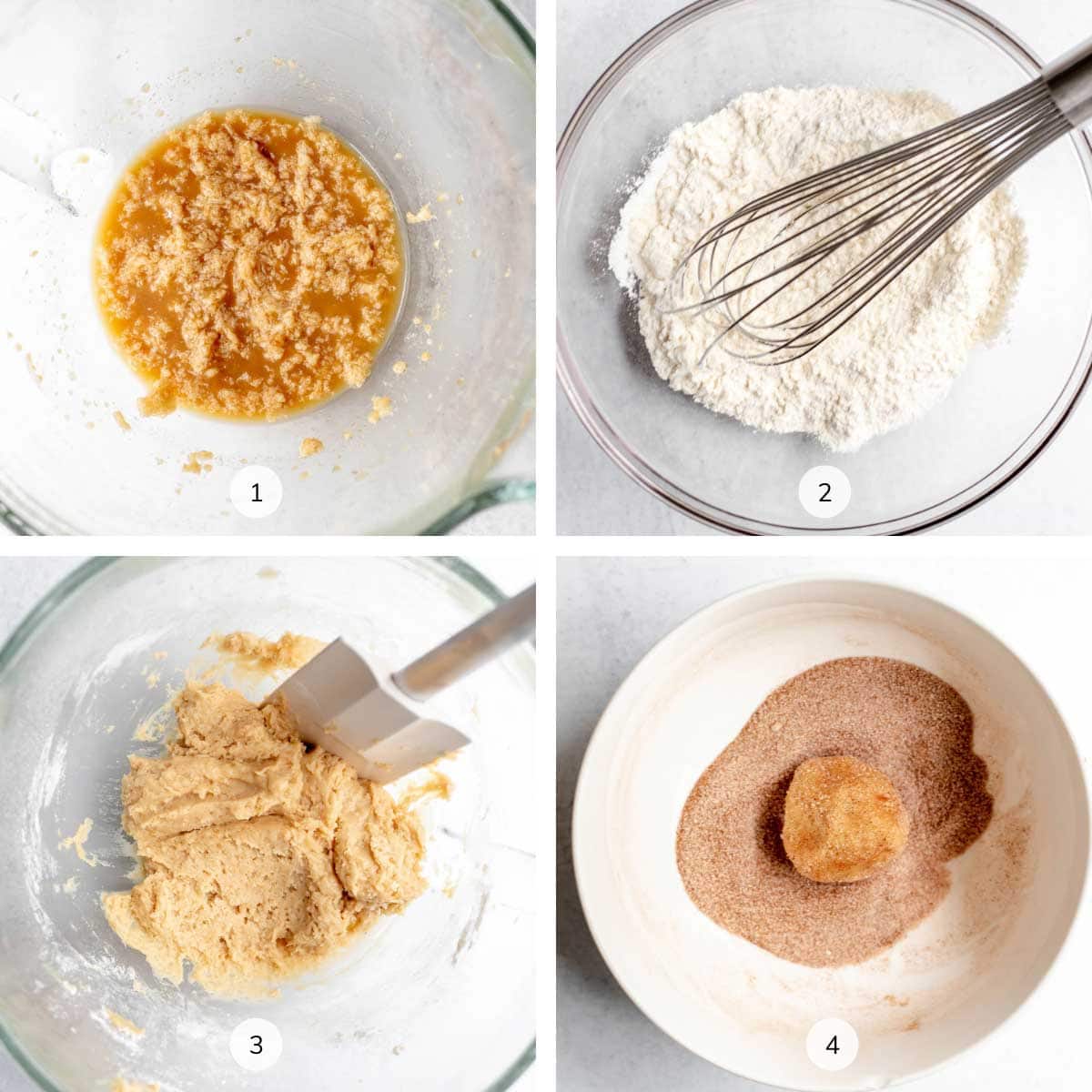 Steps of making vegan snickerdoodles labeled 1, 2, 3, 4